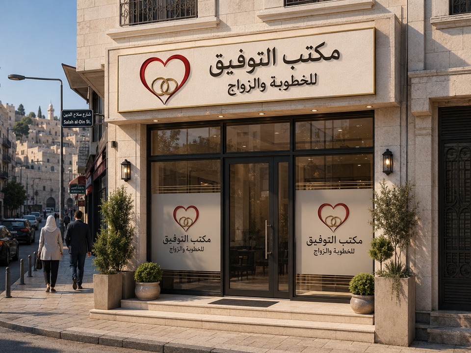 واجهة مكتب التوفيق للخطوبة والزواج في شارع وسط البلد رقم 71 في القدس